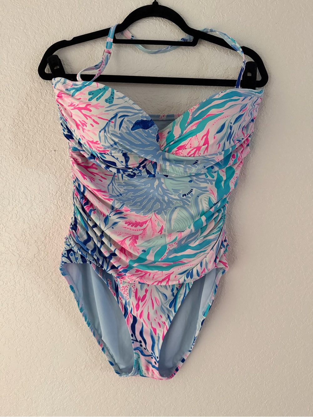 Lilly Pulitzer One-Piece Swimsuit Kaleidoscope Coral Crew Blue Sz 14 Excellent